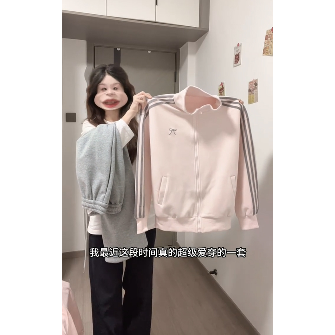 韩系休闲粉色加绒卫衣外套女秋冬季蝴蝶结立领宽松慵懒百搭开衫潮