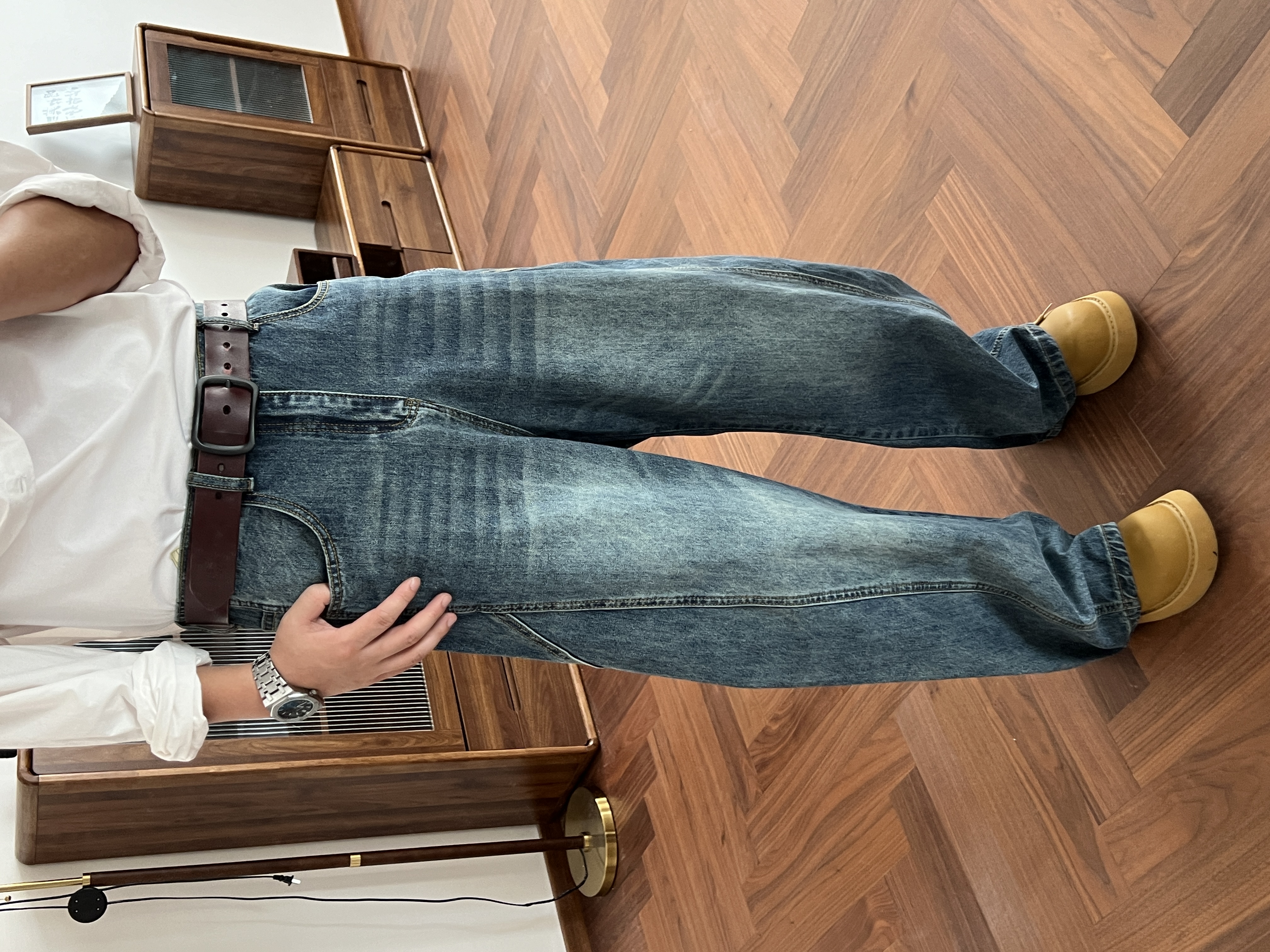 裤子男四季款情侣中性风立体裁剪水洗做旧美式复古休闲弯刀牛仔裤