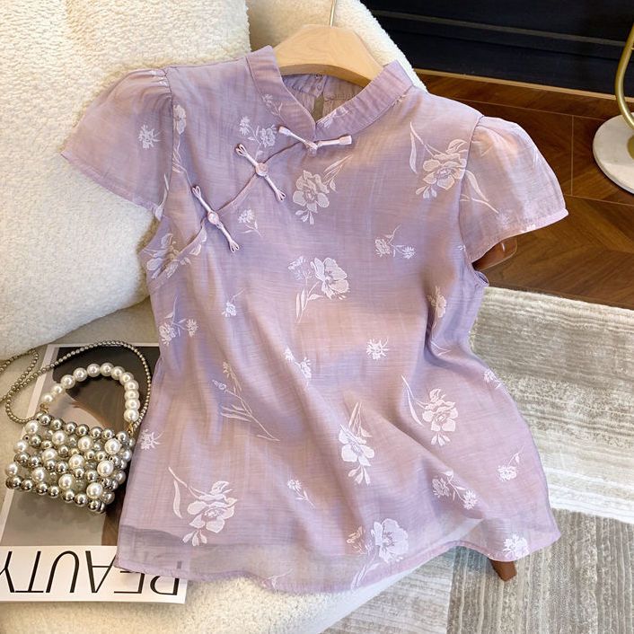 【7003人收藏】新中式国风提花泡泡袖衬衫女夏款禅意盘扣旗袍领小