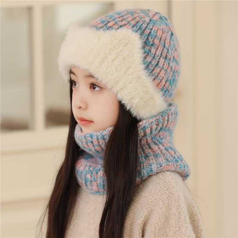 儿童帽子围脖毛绒秋冬保暖2025护耳毛线帽加厚防寒可针织雷锋帽女