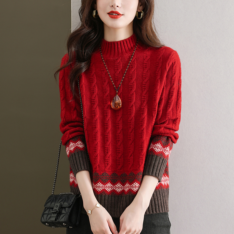 秋冬装洋气时尚大码红色毛衣女宽松遮肉显瘦百搭半高领针织打底衫