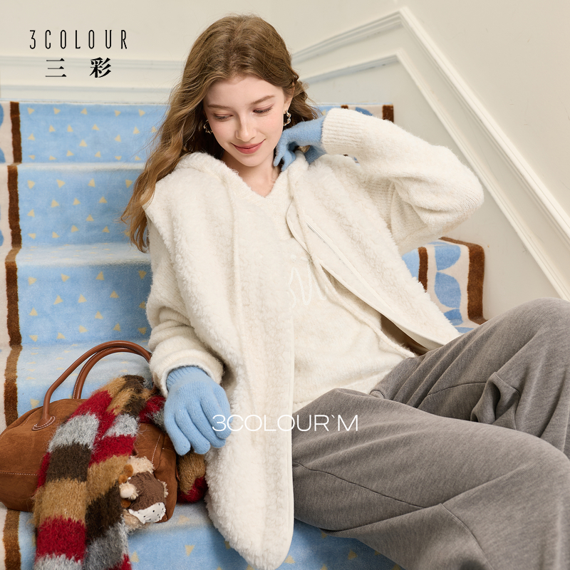 三彩2025冬季新款环保皮草圆领毛绒马甲外套宽松叠穿保暖女M