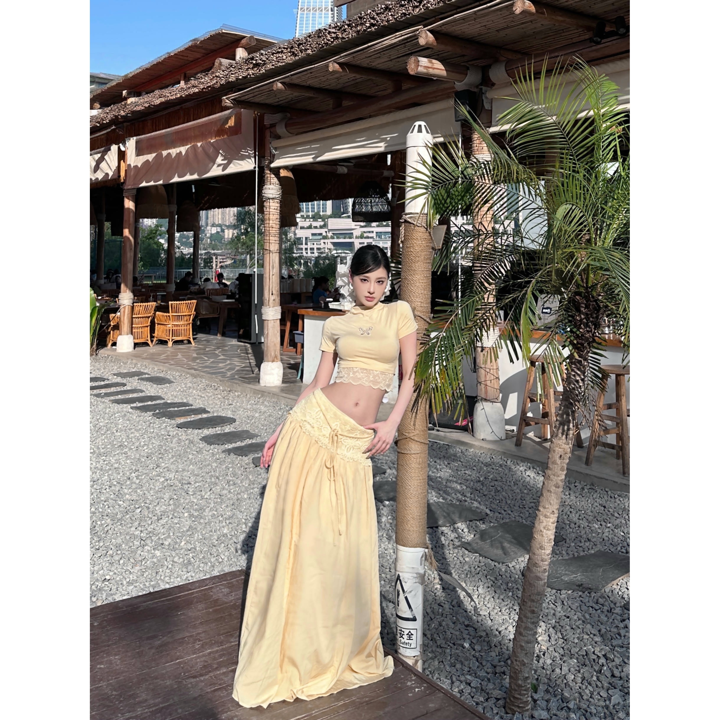 氛围感纯欲度假套装辣妹修身显瘦短上衣半身裙大裙摆长裙两件套