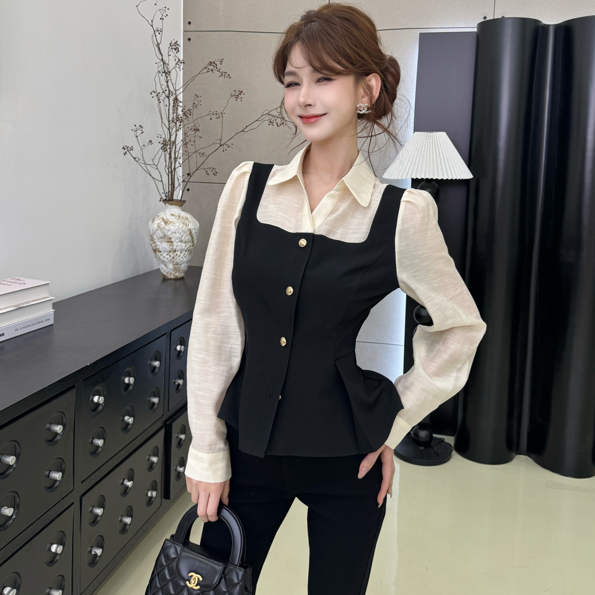 【情有独钟】黑白拼接假两件撞色衬衫