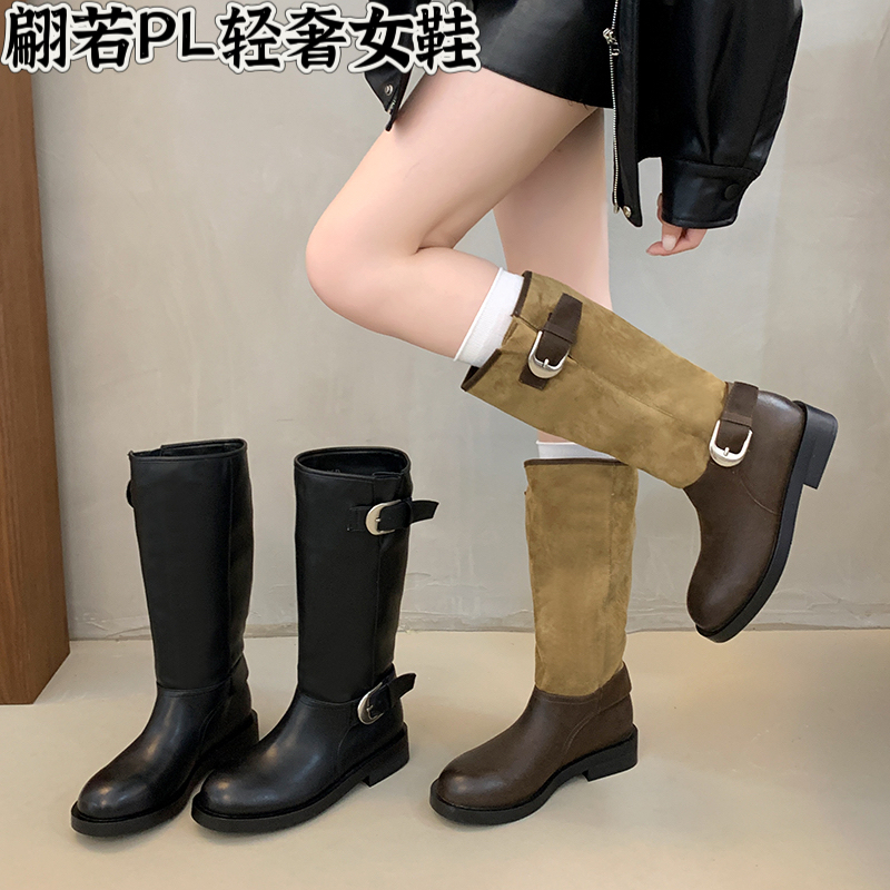 网红同款拼接堆堆靴女2025年秋冬季新款骑士靴复古中筒单靴长靴子