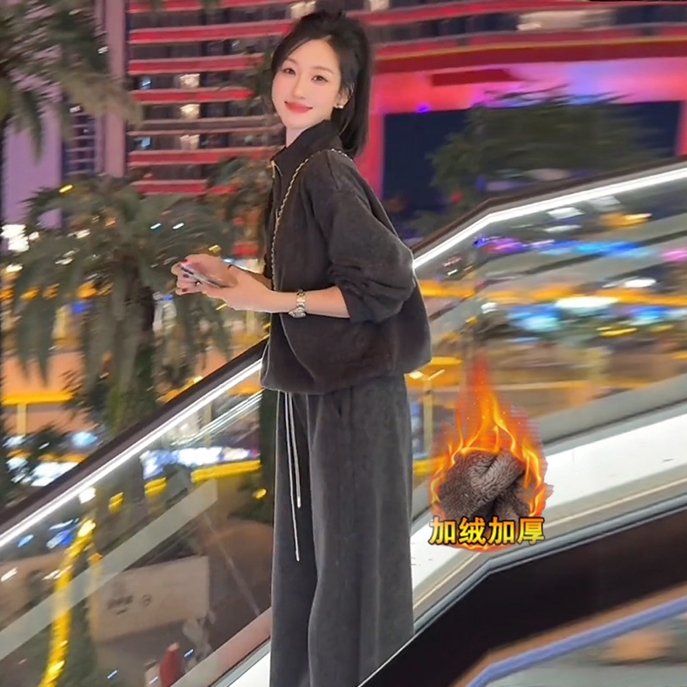 休闲慵懒风加绒加厚卫衣套装女2025冬装宽松显瘦阔腿裤保暖两件套