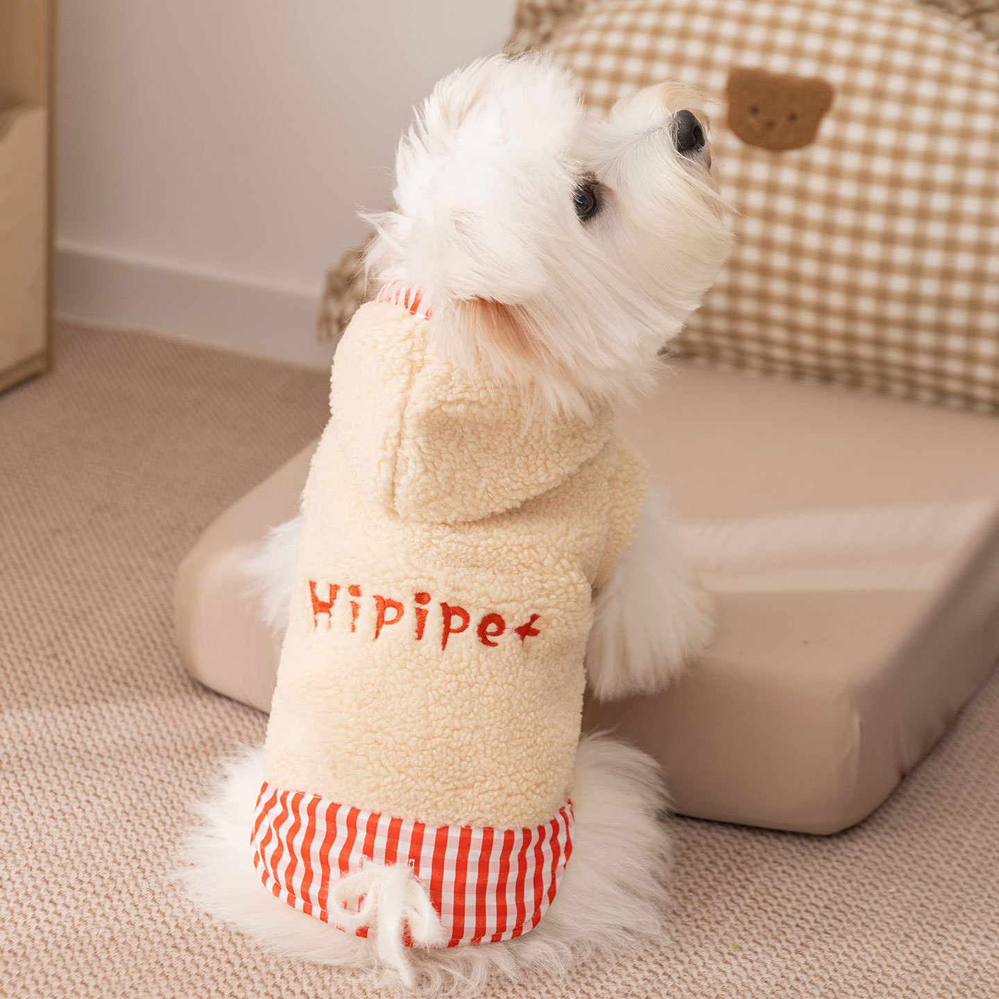 狗狗格子拼接连帽两脚绒衣秋冬款小型犬比熊泰迪加厚保暖宠物衣服