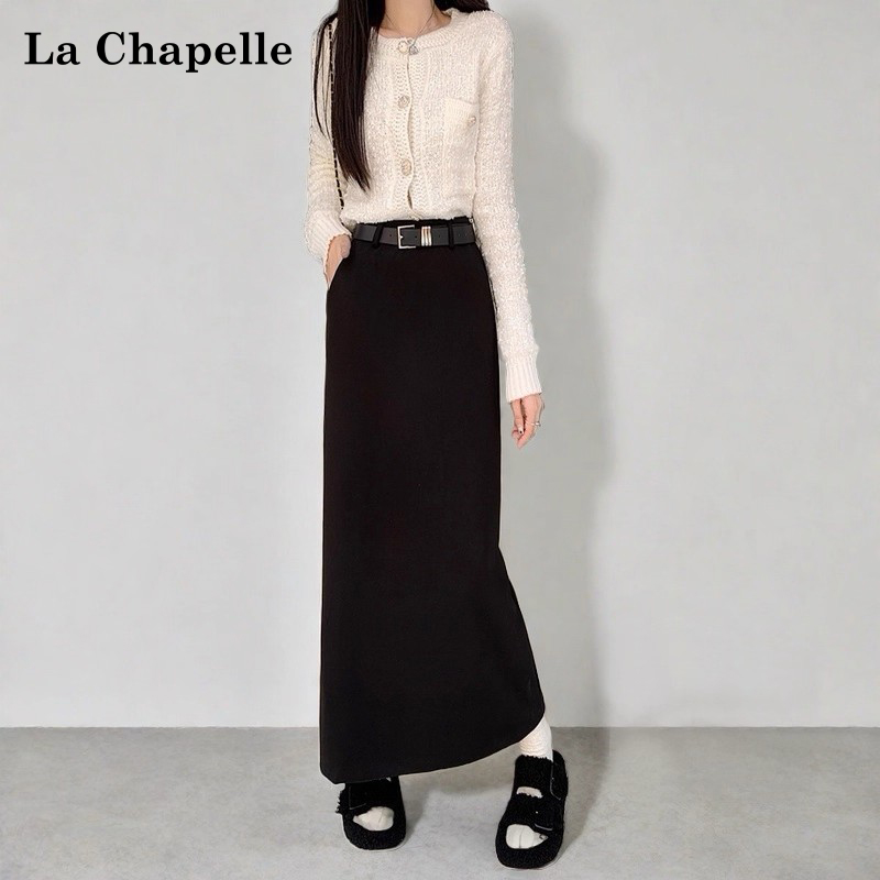 拉夏贝尔秋冬新款高腰显瘦黑色毛呢半身裙女直筒开叉中长款包臀裙