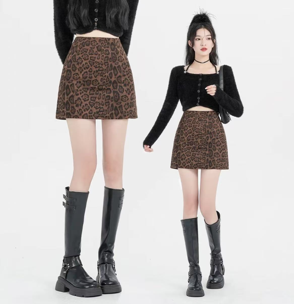 辣妹复古豹纹半身裙2025秋冬新款高腰显瘦防走光短裙