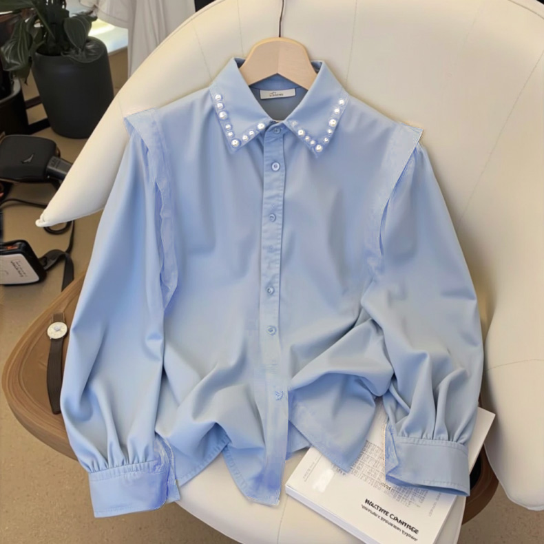 钉珠POLO翻领长袖衬衫女春秋季新款设计感小众宽松休闲气质衬衣