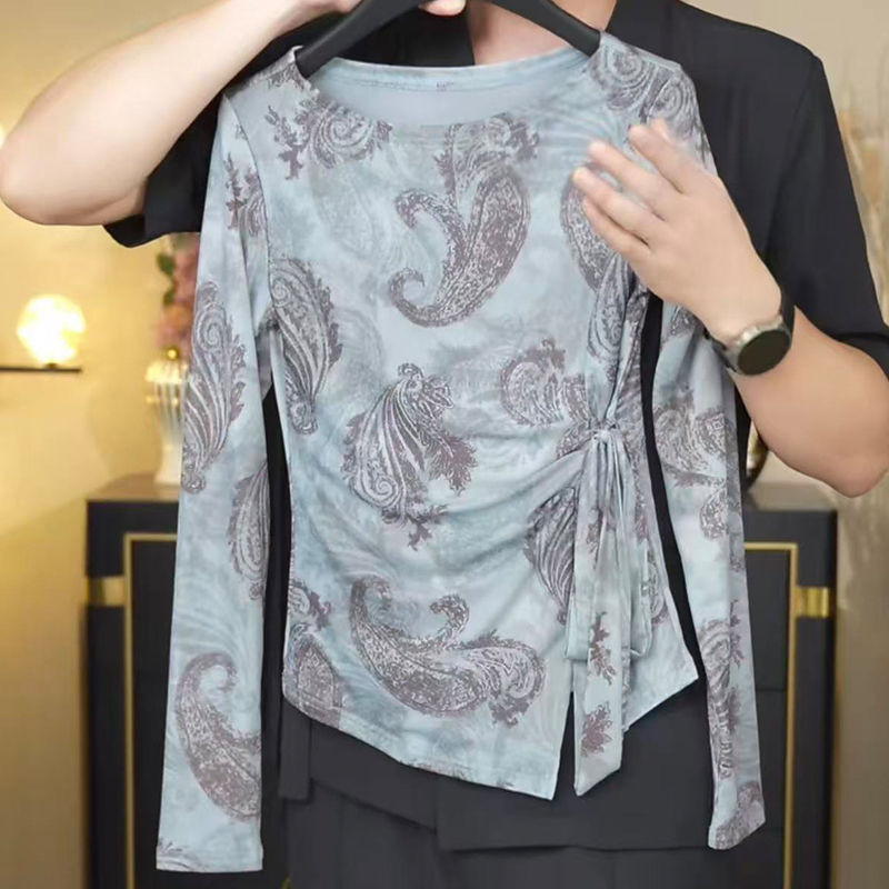 【绾梦青佩】2025秋冬新款腰果花蝴蝶结绑带长袖T恤女气质时尚上衣