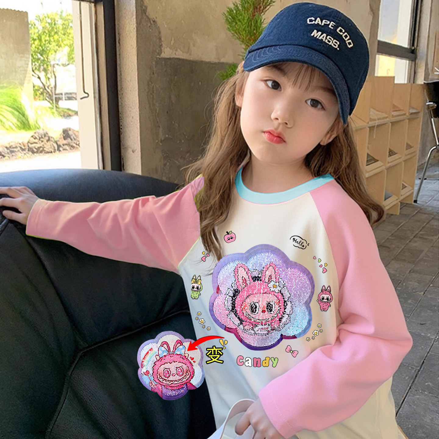 儿童翻转亮片变色衣服女童长袖t恤可变图案小女孩纯棉拉布布上衣