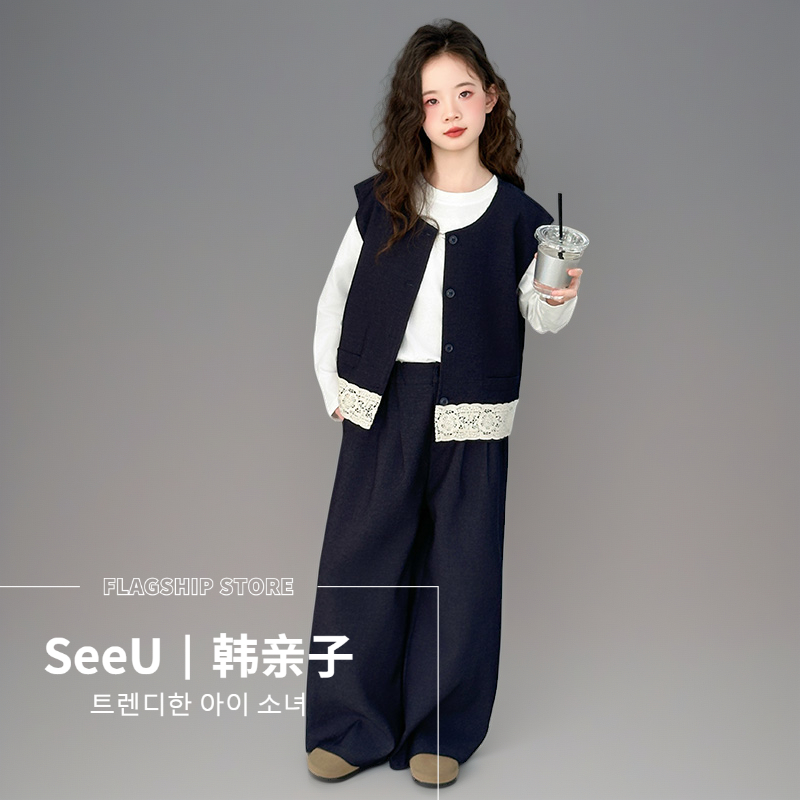 女童儿童童装套装新款休闲日常针织三件套秋款潮韩系花边女大童