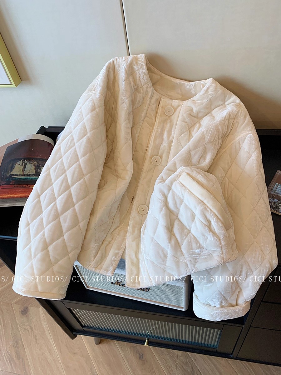 简约白色丝绒菱格纹棉服外套女2025秋冬新款保暖百搭休闲夹棉棉衣