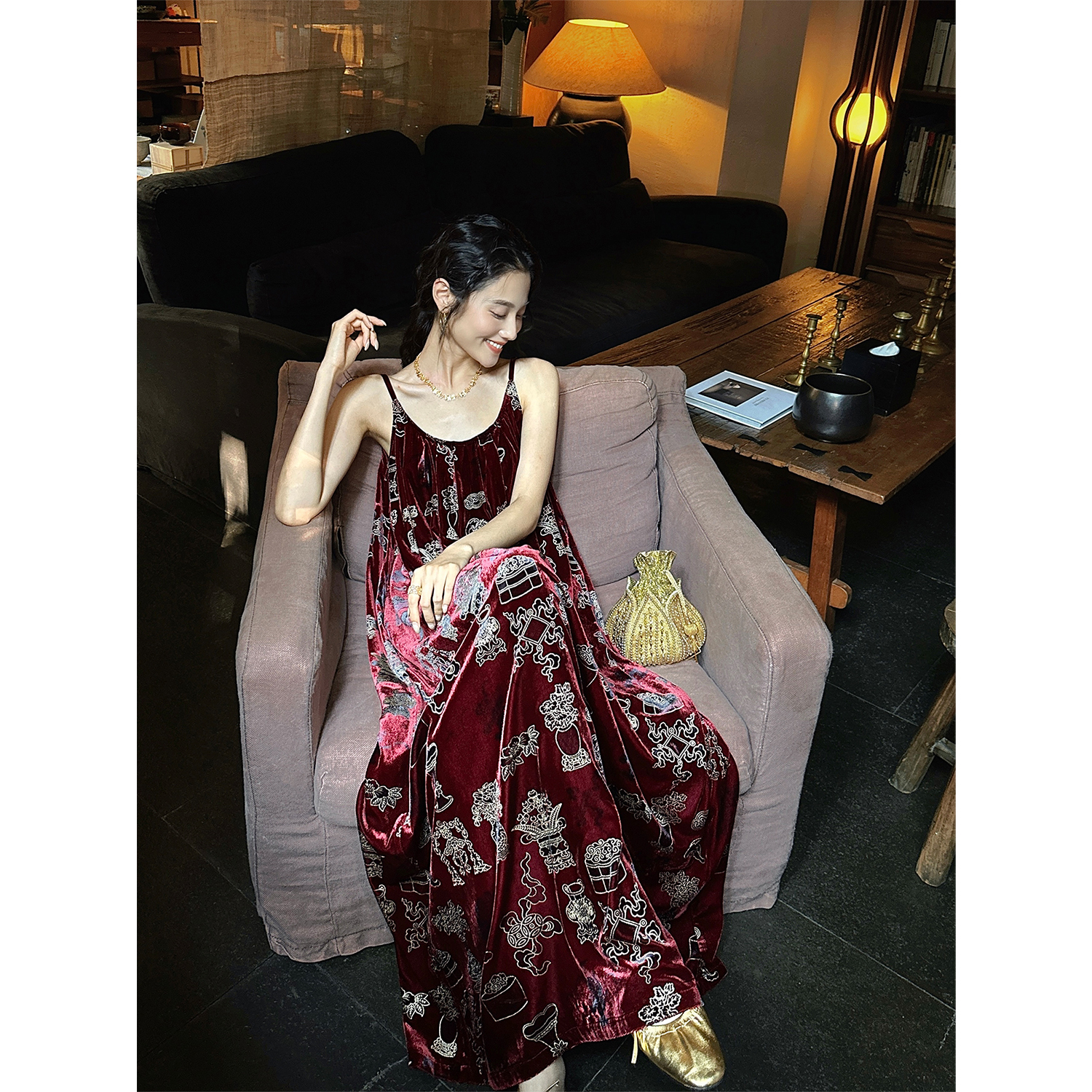 三吉黑花【醉花阴】新中式人丝绒拔染连衣裙子巨好看国风吊带长裙