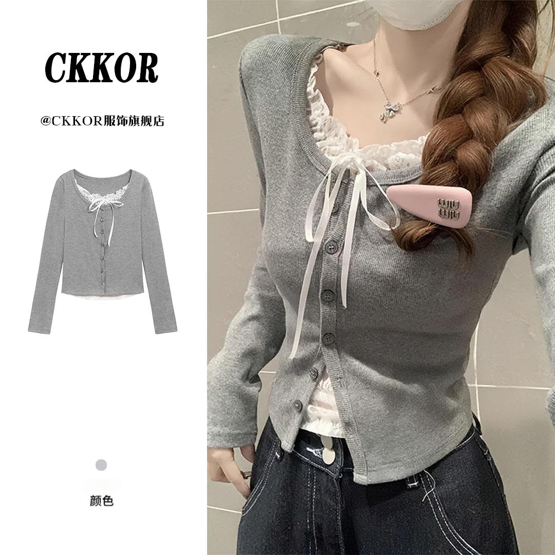 CKKOR春秋新款假两件拼接蕾丝短款正肩长袖t恤女小众设计感上衣女