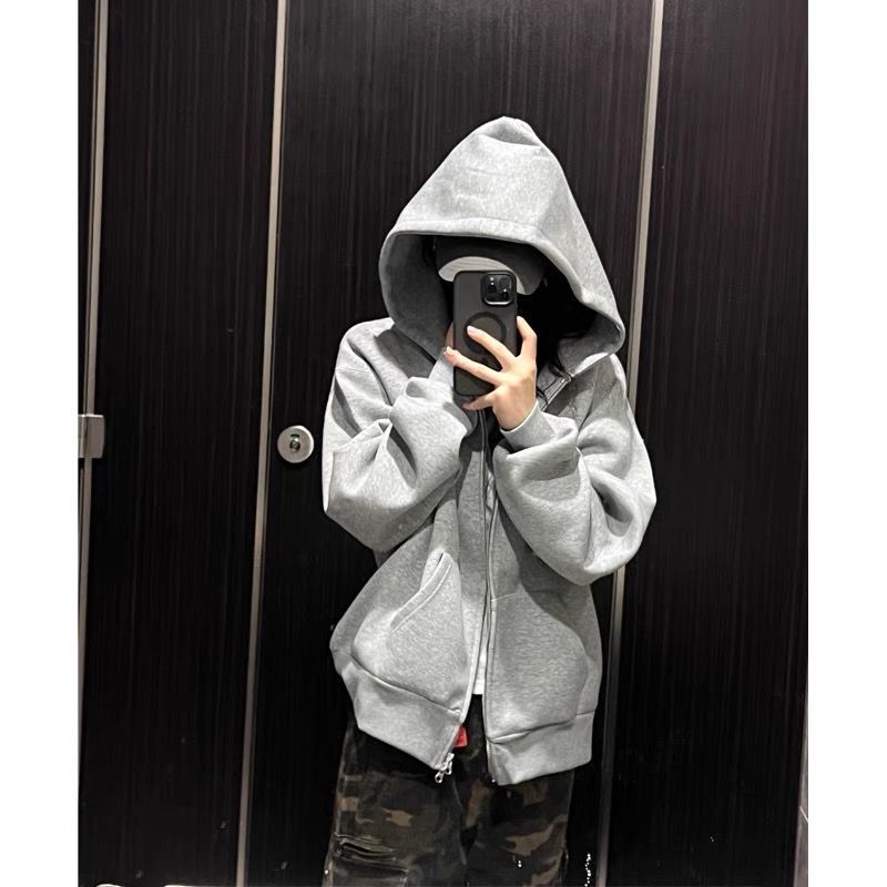 连帽拉链卫衣复古ins潮流情侣潮流宽松显瘦遮肉街头连帽印花男女