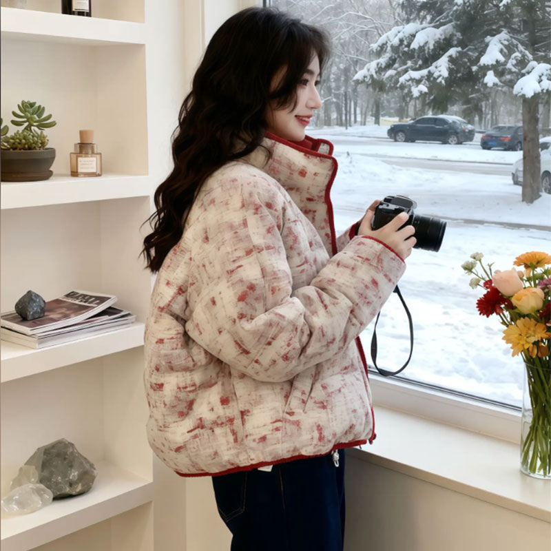 气质洋气简约慵懒风棉服女士2025冬季新款网红设计感碎花时尚外套