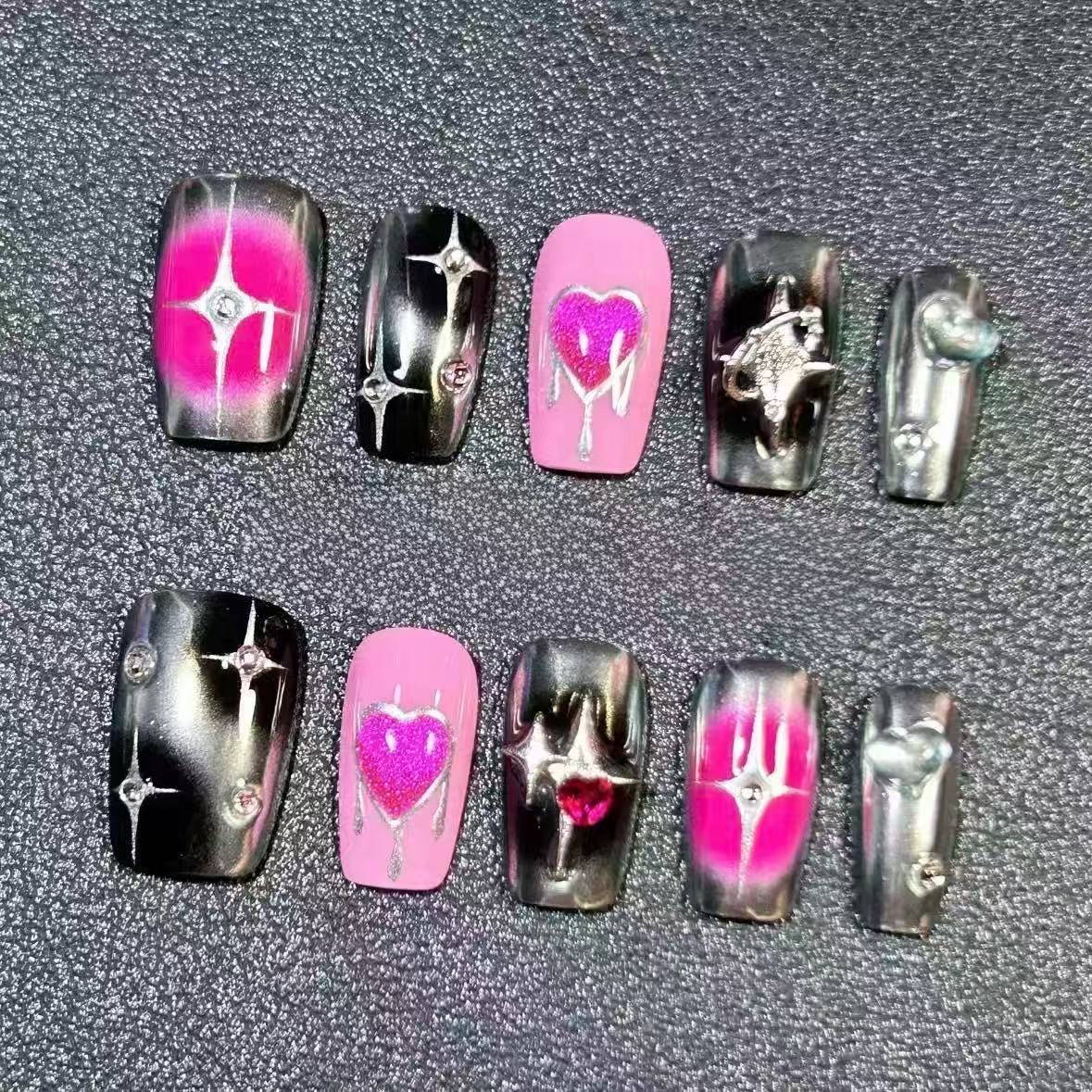 新款纯手工粉黑甜酷辣妹个性气质高级显白轻奢甲片穿戴甲