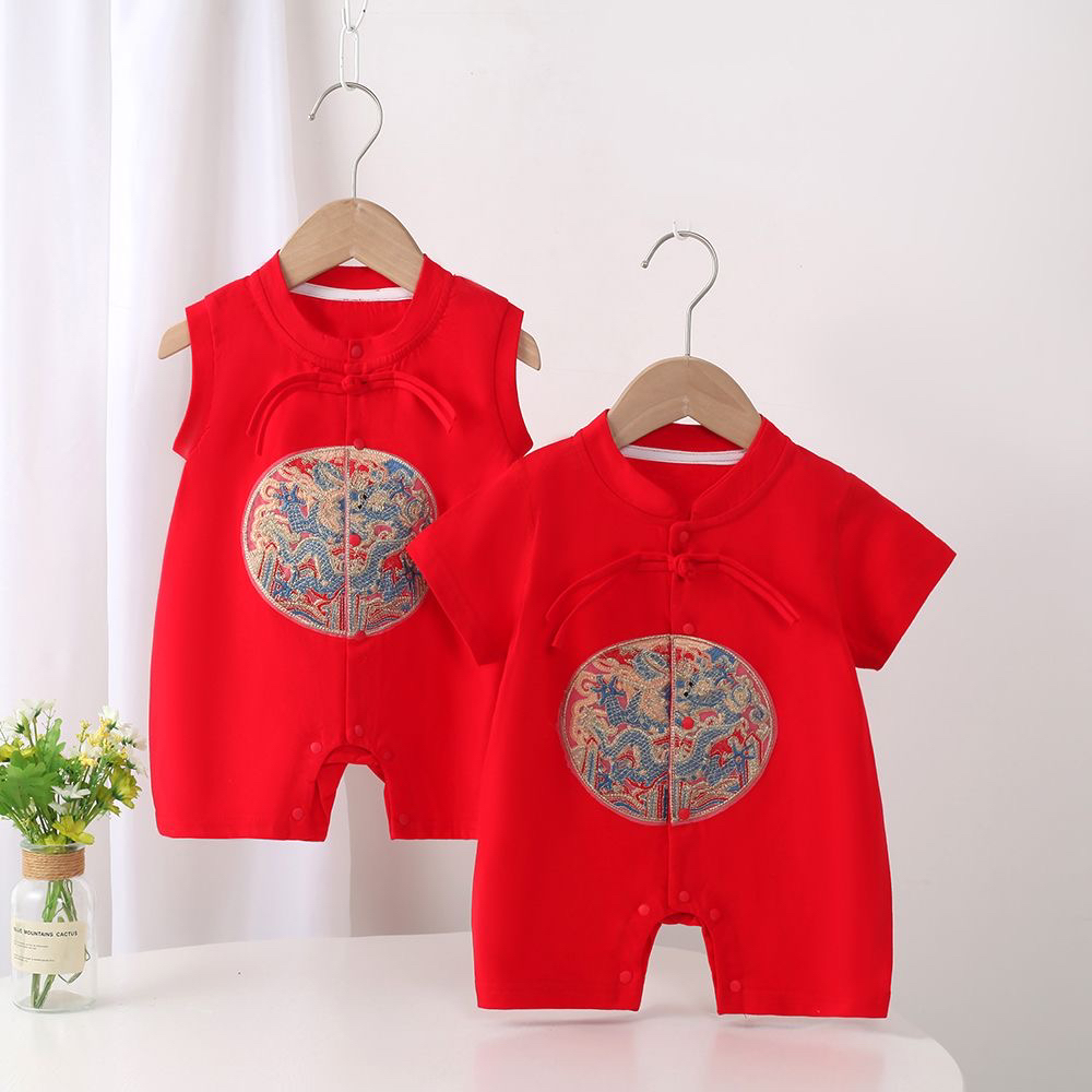 婴幼儿夏季薄料哈衣男女宝宝纯棉短袖新中式大红连体新生儿透气