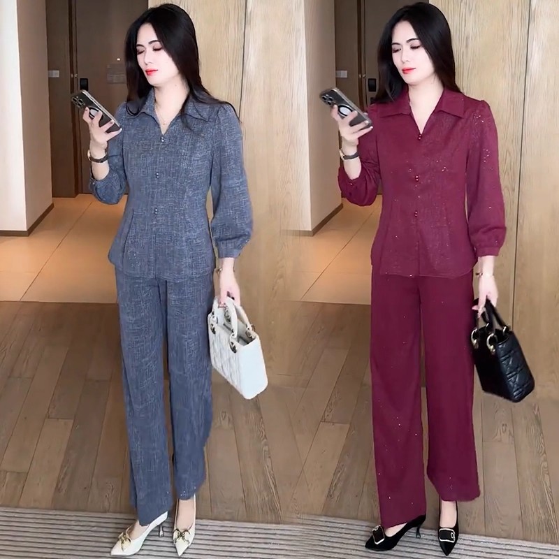时尚套装女2025秋季新款洋气显瘦长袖衬衫阔腿裤气质减龄两件套潮