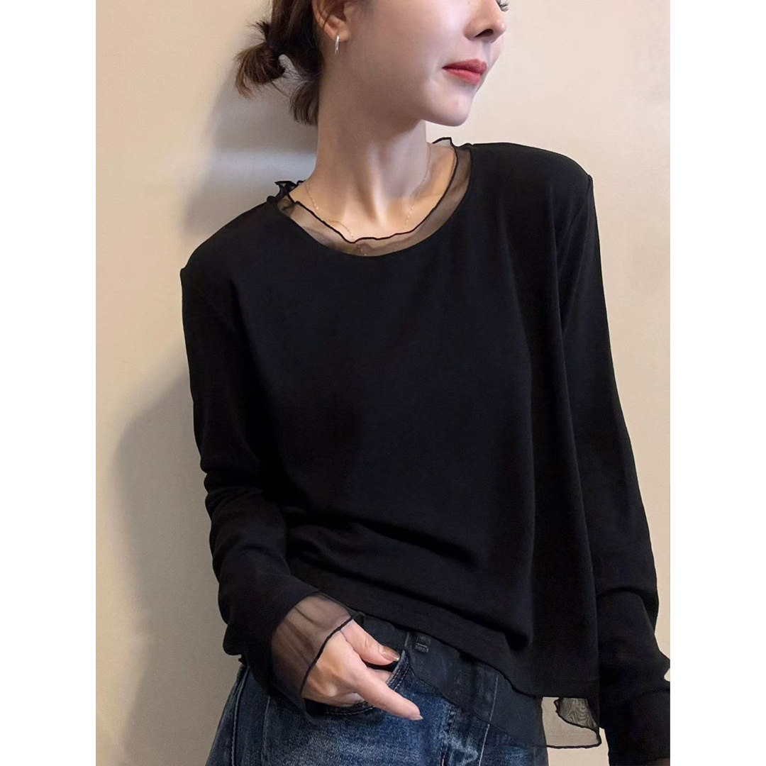 欧货网纱拼接长袖t恤女2025春秋新款休闲内搭打底衫时髦百搭上衣