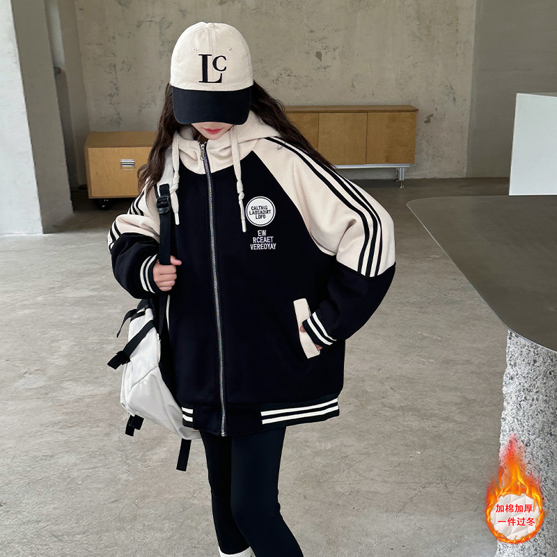 女童外套秋冬款2025新款洋气儿童冬季加厚卫衣夹棉棒球服大童上衣