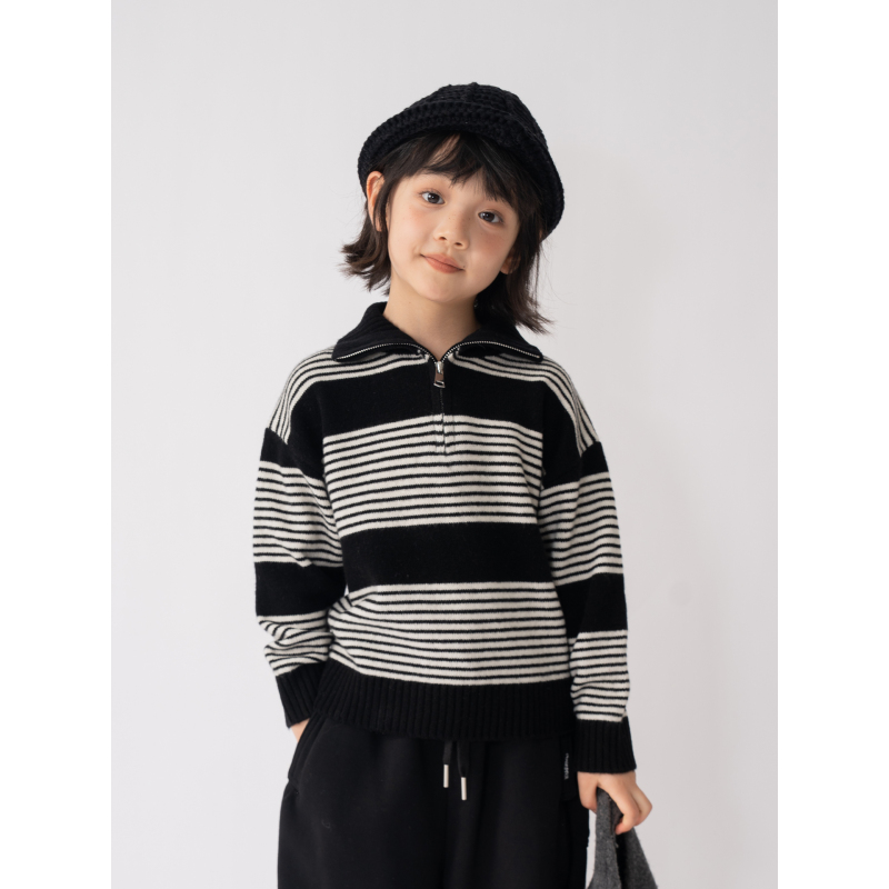 ASKR‘泰里’【100%羊毛】女童拉链半开细条纹加厚款儿童纯羊毛衫