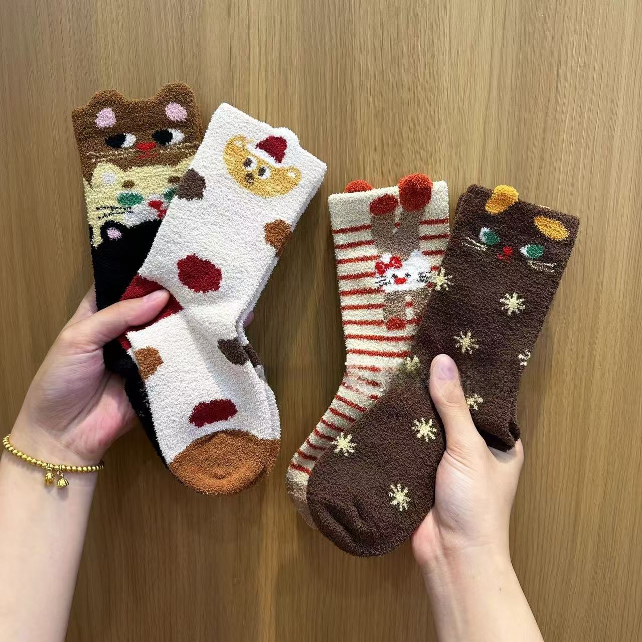 儿童袜子冬季加厚加绒中筒袜女童猫咪秋冬款珊瑚绒袜子宝宝卡通袜