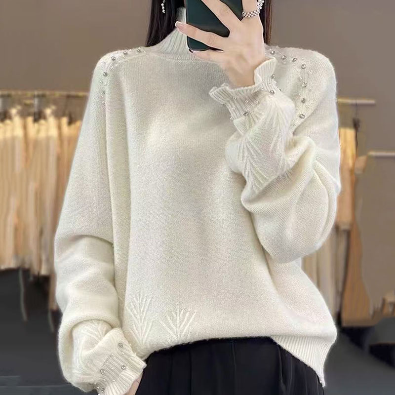 【重工珍珠袖】花边半高领减龄百搭针织衫-1503