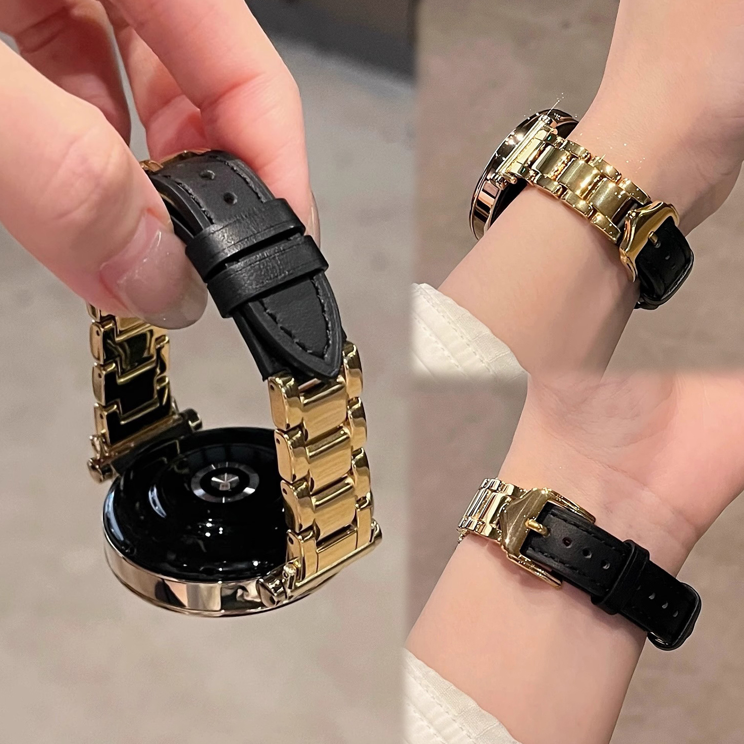 适用华为气质感三株陶瓷拼皮质手表表带gt6prowatch4GT3GT4GT5pro