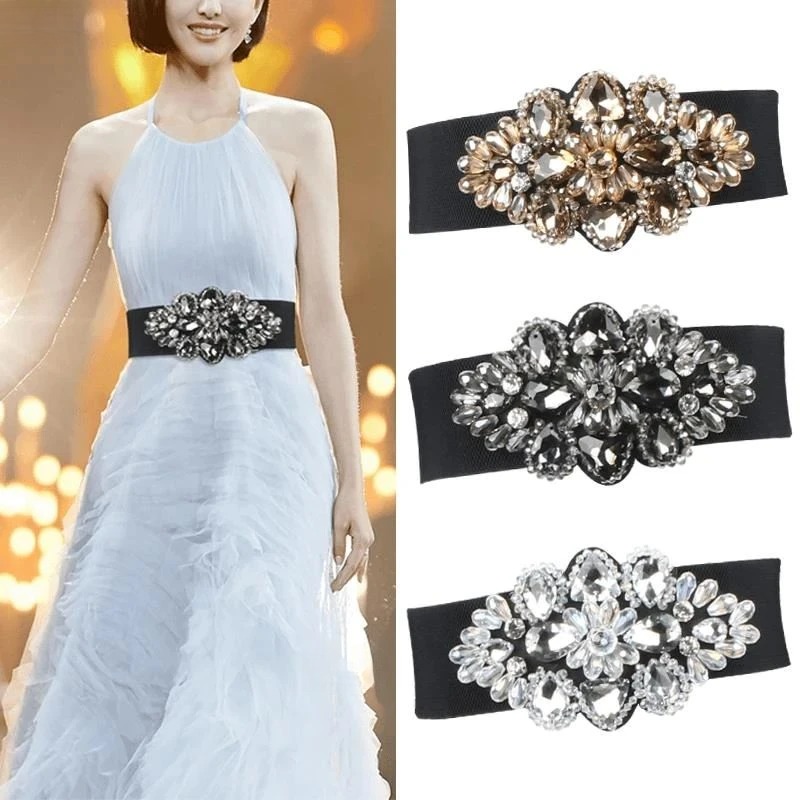 水晶水钻束腰配裙松紧宽腰封女士时尚百搭连衣裙礼服装饰弹力腰带