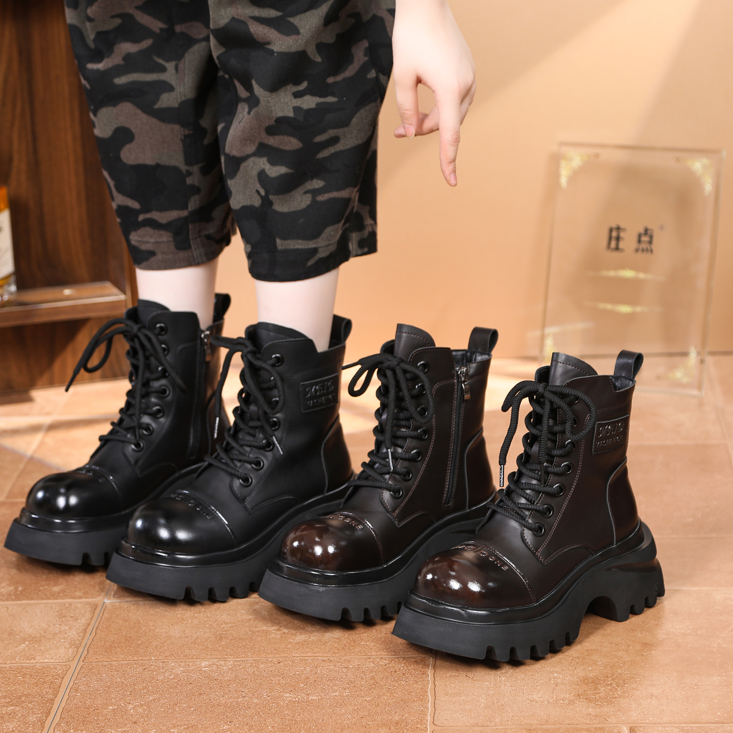 短筒马丁靴秋冬新款英伦风靴子时尚百搭粗跟厚底系带马丁靴高跟