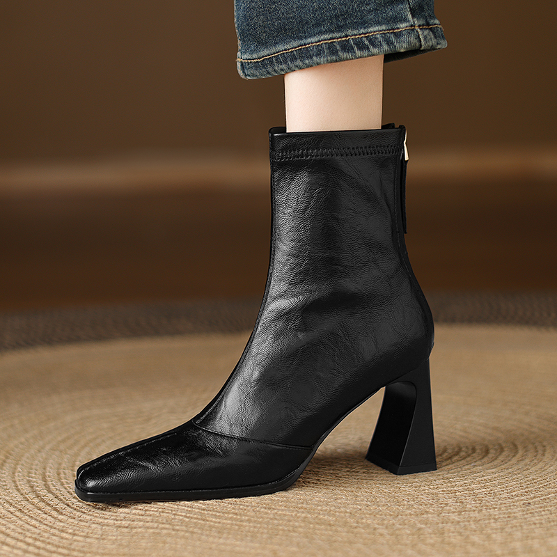 7.5cm欧美风方头弹力靴粗跟黑色加绒后拉链短靴秋冬百搭瘦瘦靴女