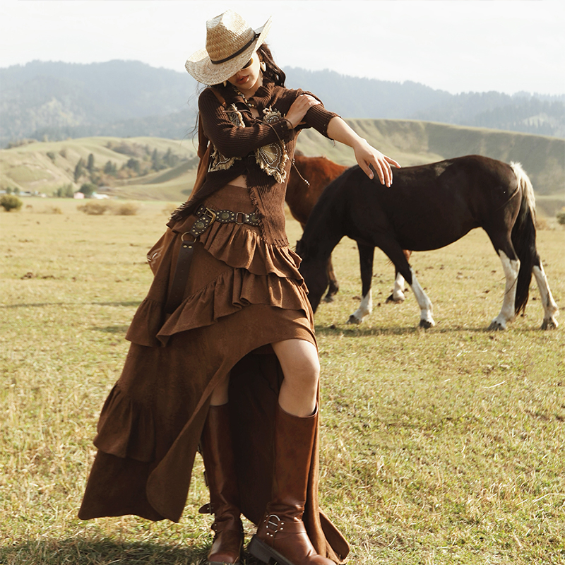 麦叙《山谷之歌》旷野美拉德复古棕提花麂皮绒半身裙不规则蛋糕裙