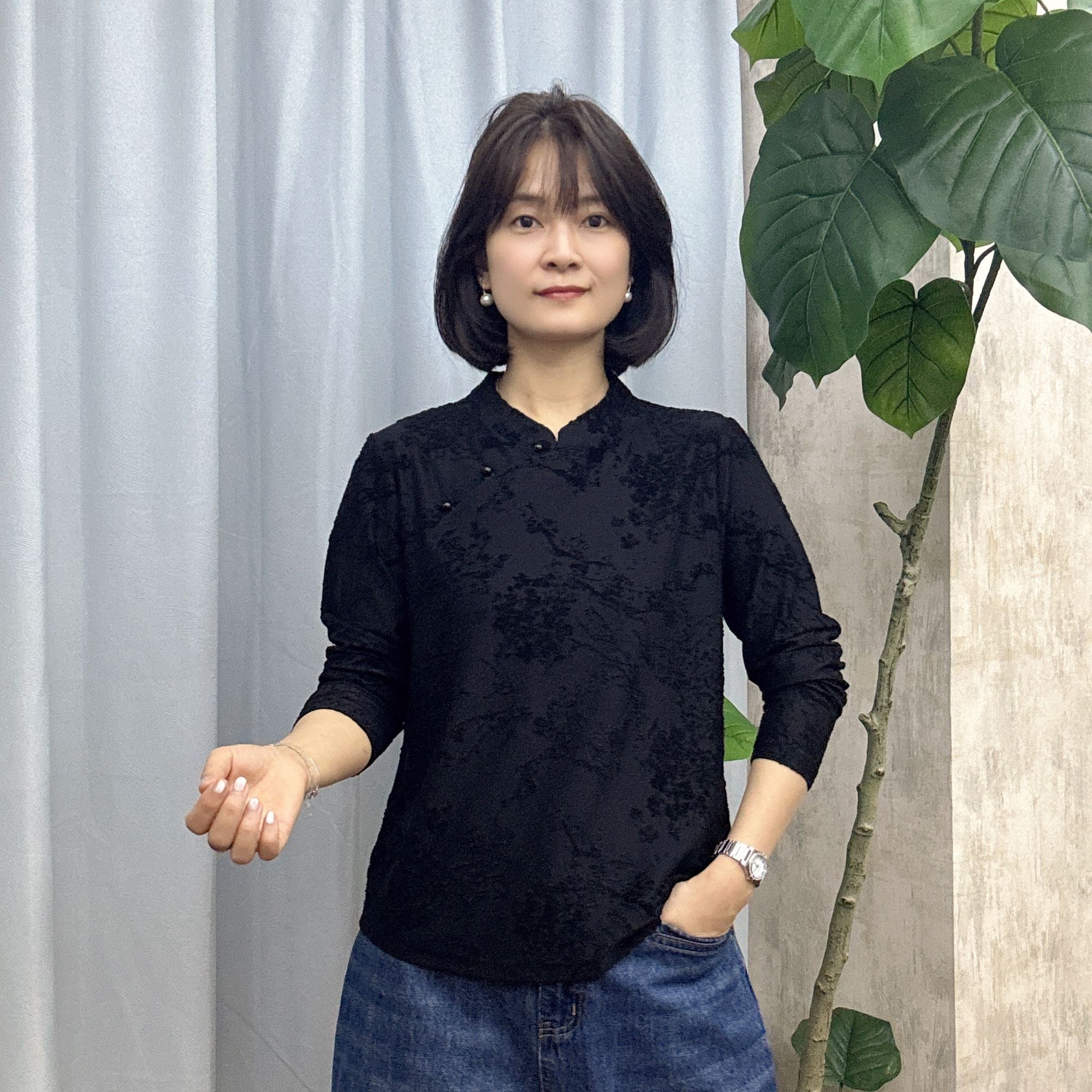 8892长袖针织提花面料新中式T恤百搭小衫显瘦气质中国风