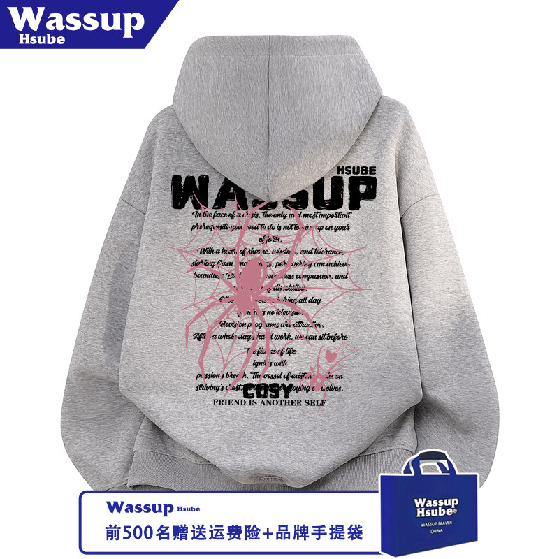 WASSUP HSUBE蜘蛛网字母印花卫衣加绒连帽外套秋冬季拉链男女开衫