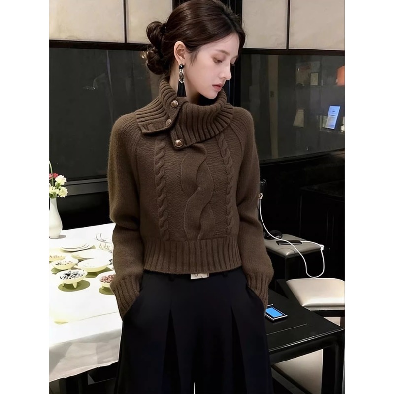 秋冬老钱风高领麻花针织衫女2026新款设计感咖色套头时尚气质毛衣