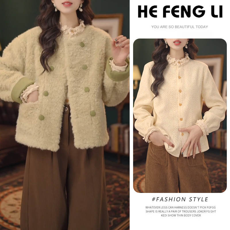 【清野绿荷】复古港风秋冬休闲厚款短外套女时尚港风木耳领复古衬衫