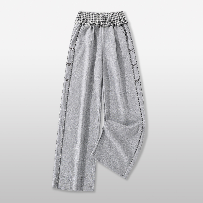 女童灰色加绒直筒裤千鸟格春秋装大童阔腿裤卫裤长裤初中生裤子