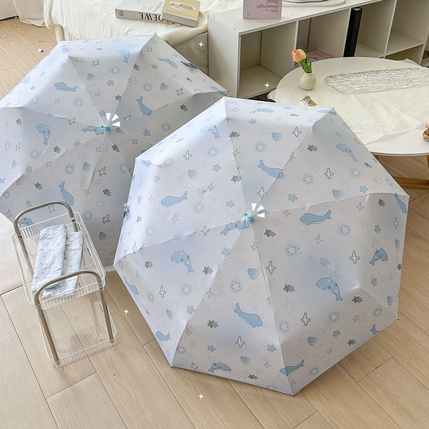 小清新蓝色渐变鲸鱼雨伞晴雨两用学生三折八骨折叠自动伞防回弹