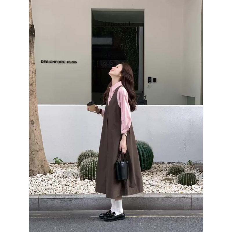 MARIE.COCO小个子减龄穿搭秋季新款粉色长袖衬衫背带长裙两件套女