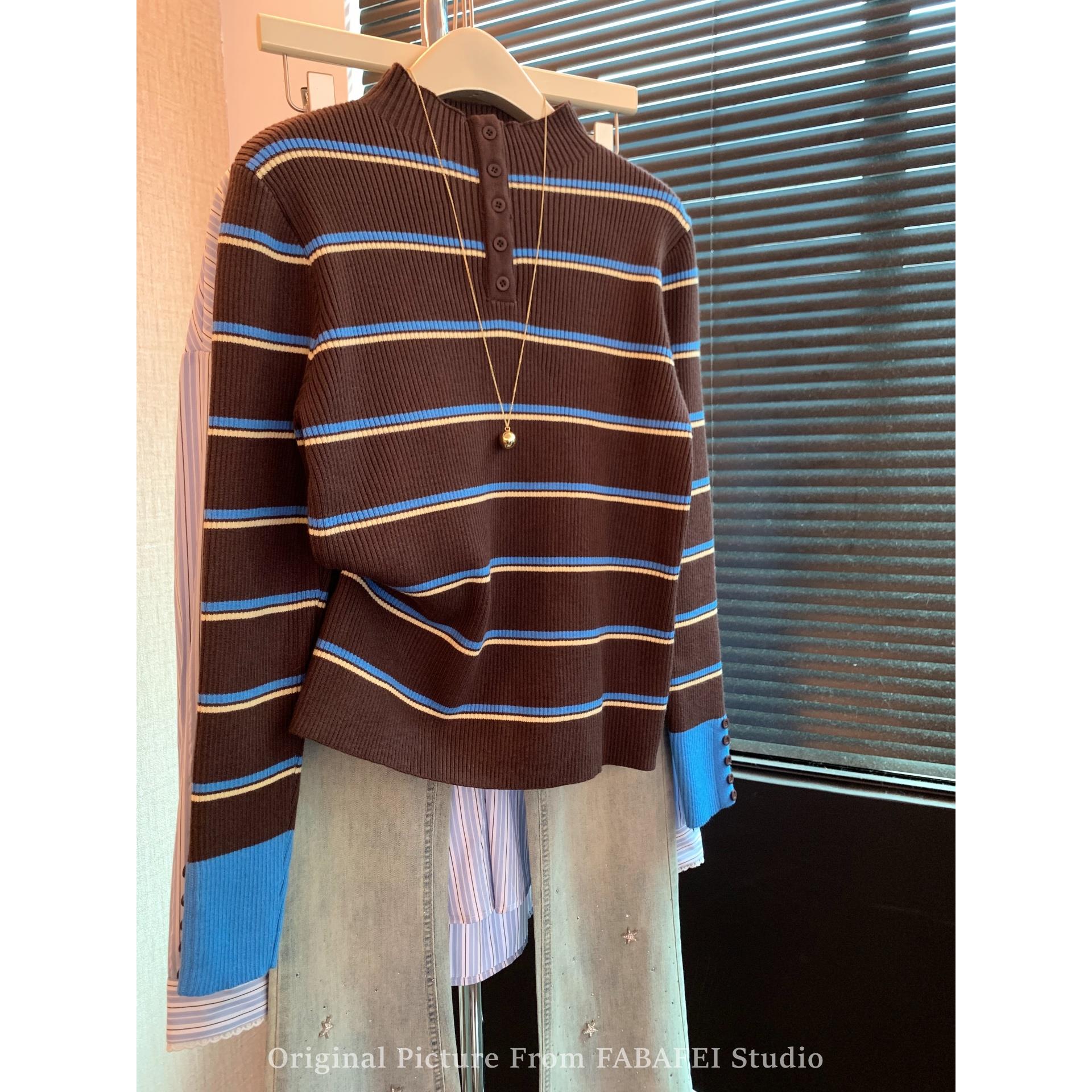 韩系撞色条纹长袖针织衫女秋冬款设计感纽扣半高领打底衫慵懒上衣