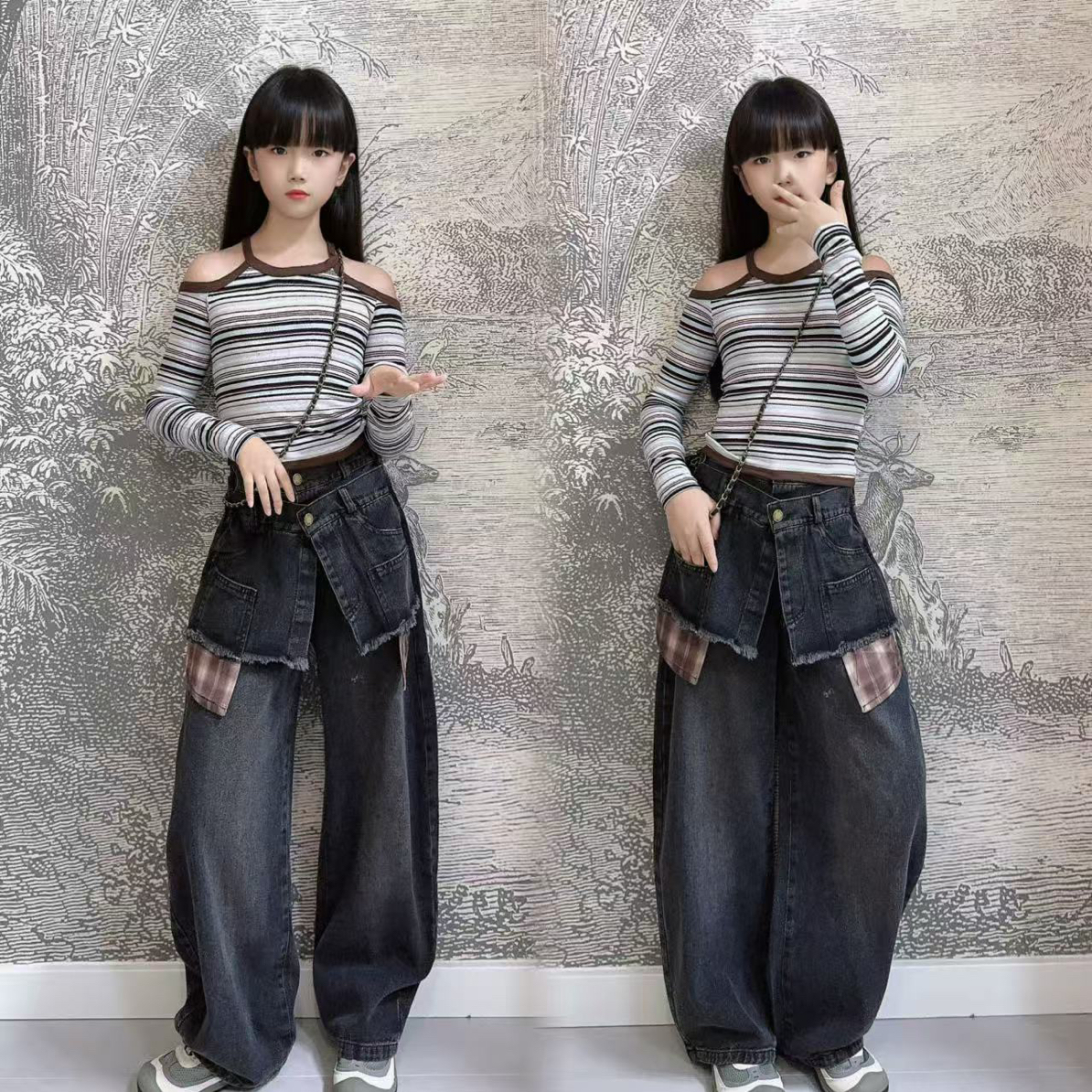 女童秋装套装2025新款中大童时髦牛仔裤春秋季网红露肩上衣两件套