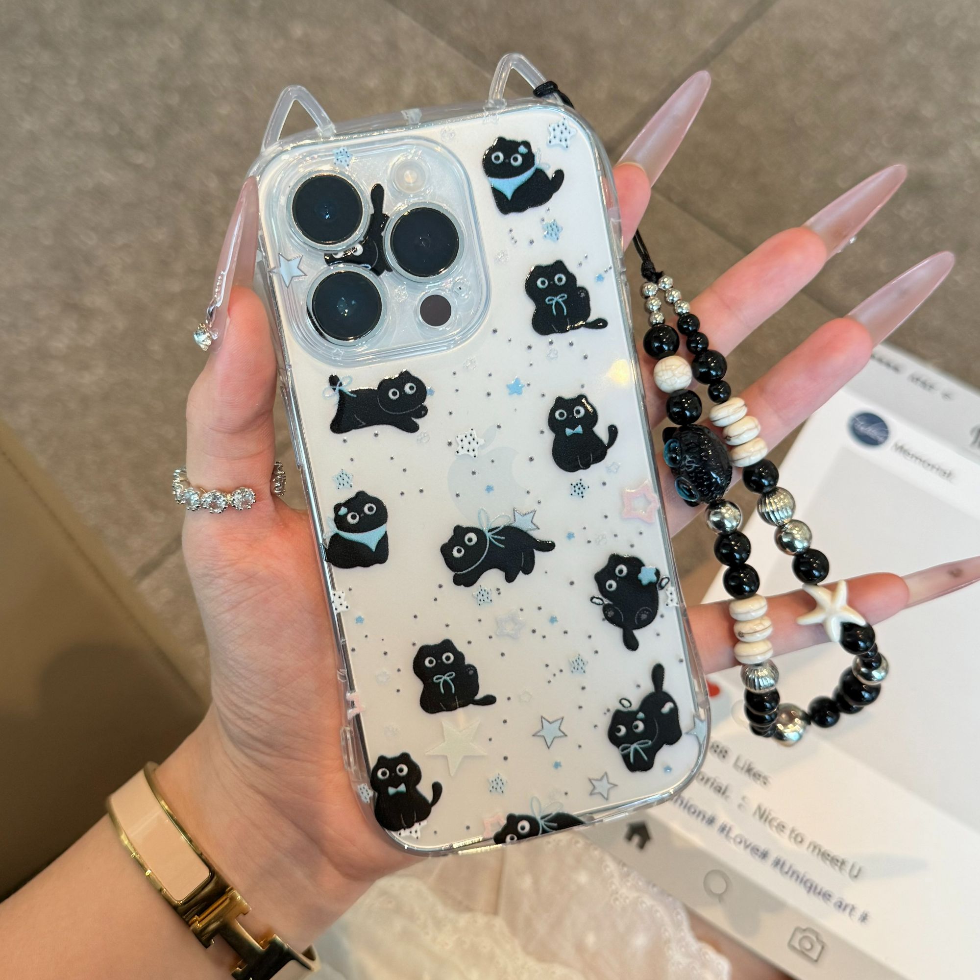 奥菲顿星星黑猫珠子挂绳适用iPhone16/15pro苹果14猫耳手机壳1312