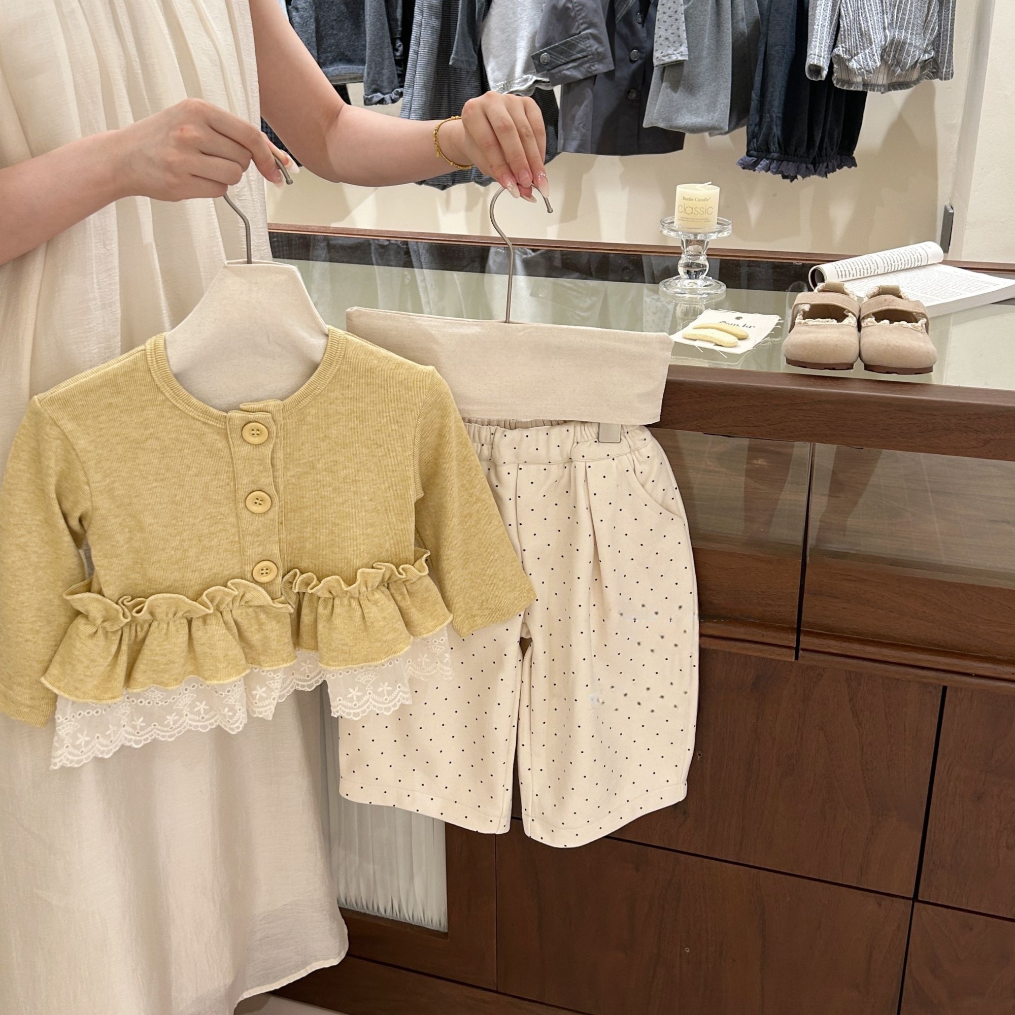 女童2025秋季新款韩版套装洋气花边长袖开衫外套波点休闲长裤