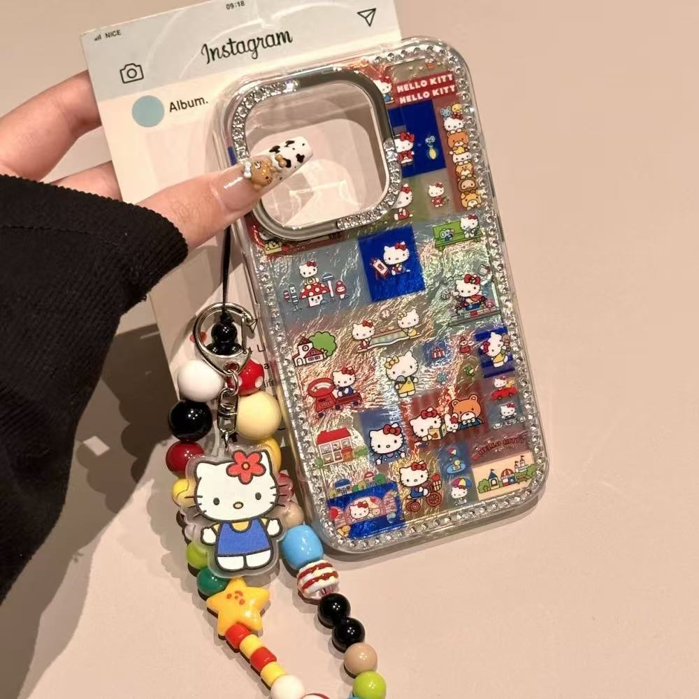 彩色方格插画满屏闪粉KT猫适用iPhone16promax苹果15手机壳14新款