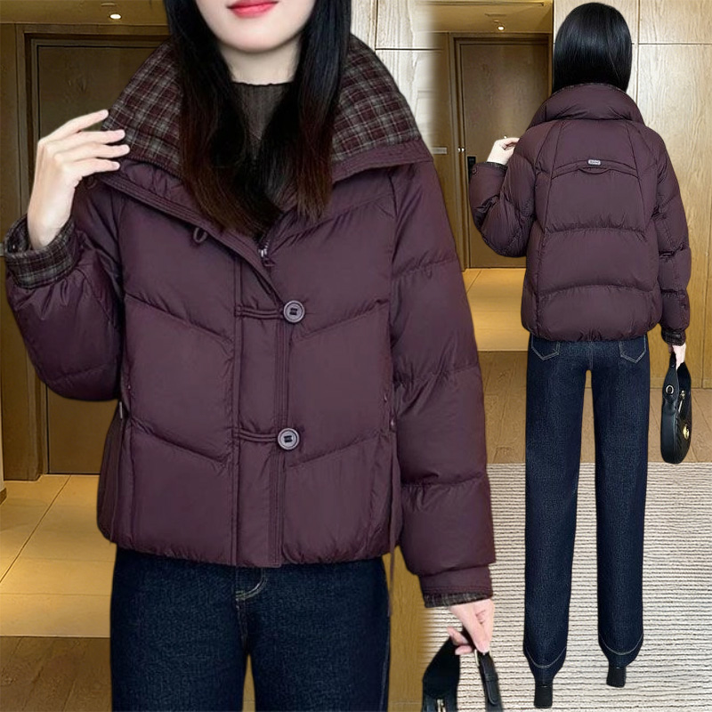 爆款2025冬季保暖女短款棉衣宽松格子拼色棉服时尚棉袄女士外套