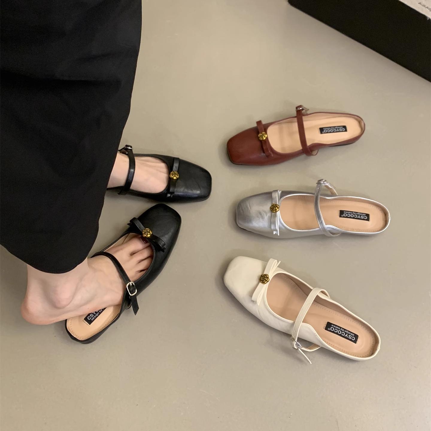 软平底法式包头半拖鞋外穿年新款夏季蝴蝶结银色玛丽珍小凉拖