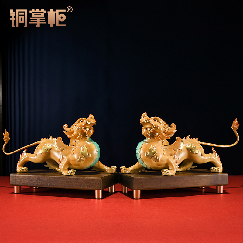铜掌柜铜貔貅摆件一对公母皮丘黄铜工艺品家用客厅办公室装饰品